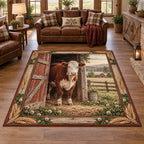 Hereford cow area rug with white-faced reddish cow, weathered barn door and pasture in a rustic farmhouse room.