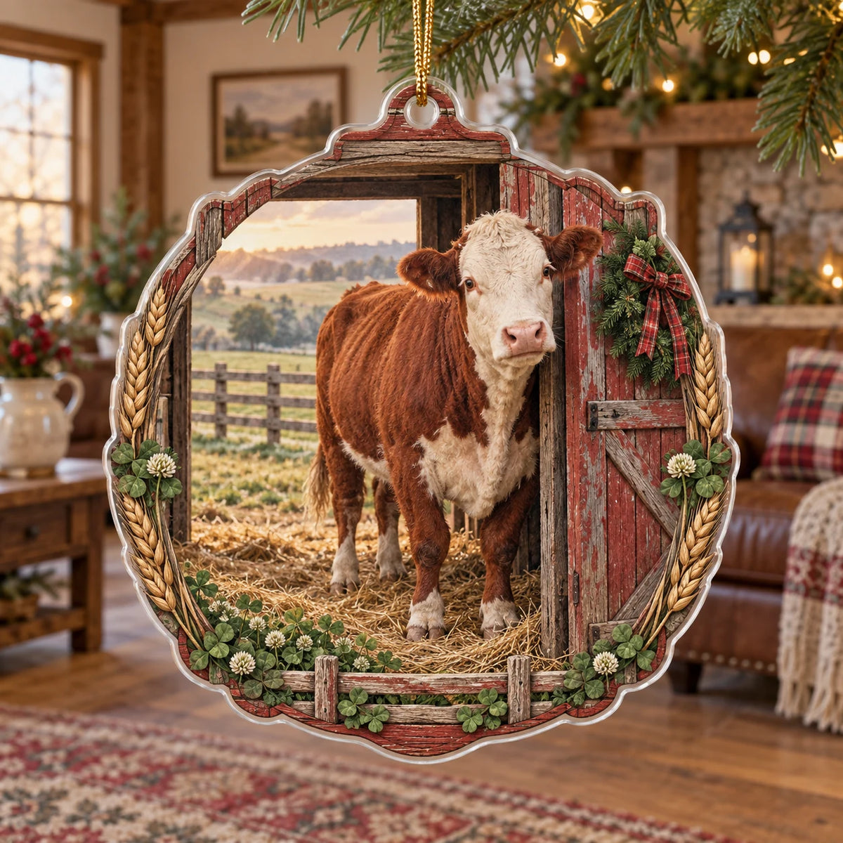 Hereford cow christmas ornament with white-faced reddish cow, weathered barn door and pasture in a rustic farmhouse room.