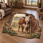 Hereford cow custom shape area rug with white-faced reddish cow, weathered barn door and pasture in a rustic farmhouse room.