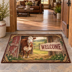 Hereford cow doormat with white-faced reddish cow, weathered barn door and pasture in a rustic farmhouse room.