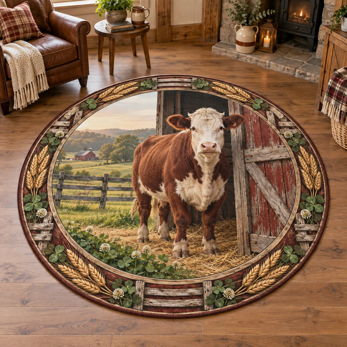 Hereford cow round mat rug with white-faced reddish cow, weathered barn door and pasture in a rustic farmhouse room.