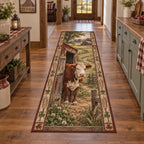 Hereford cow runner rug with white-faced reddish cow, weathered barn door and pasture in a rustic farmhouse room.