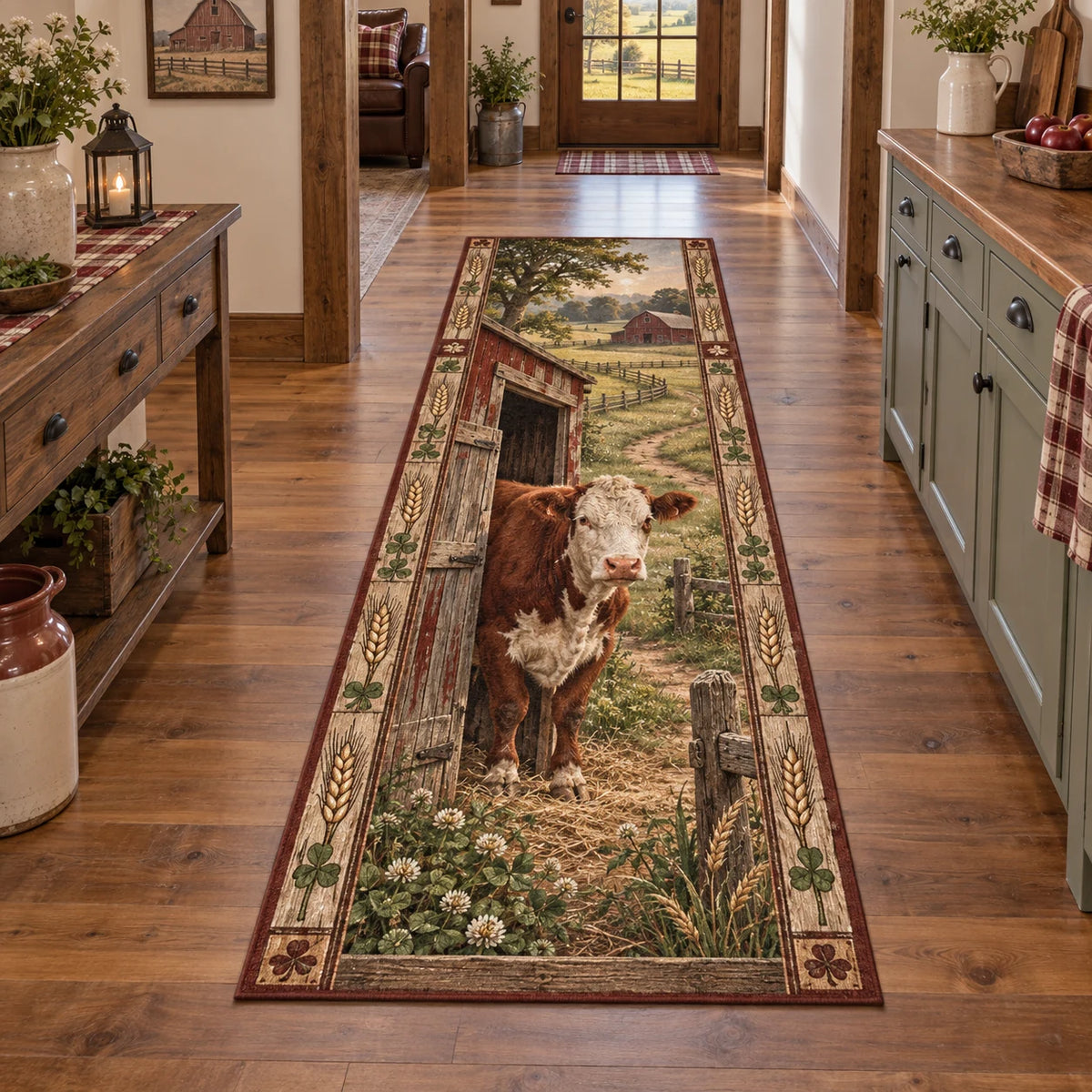 Hereford cow runner rug with white-faced reddish cow, weathered barn door and pasture in a rustic farmhouse room.