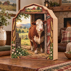 Hereford cow wooden block 3 layer with white-faced reddish cow, weathered barn door and pasture in a rustic farmhouse room.