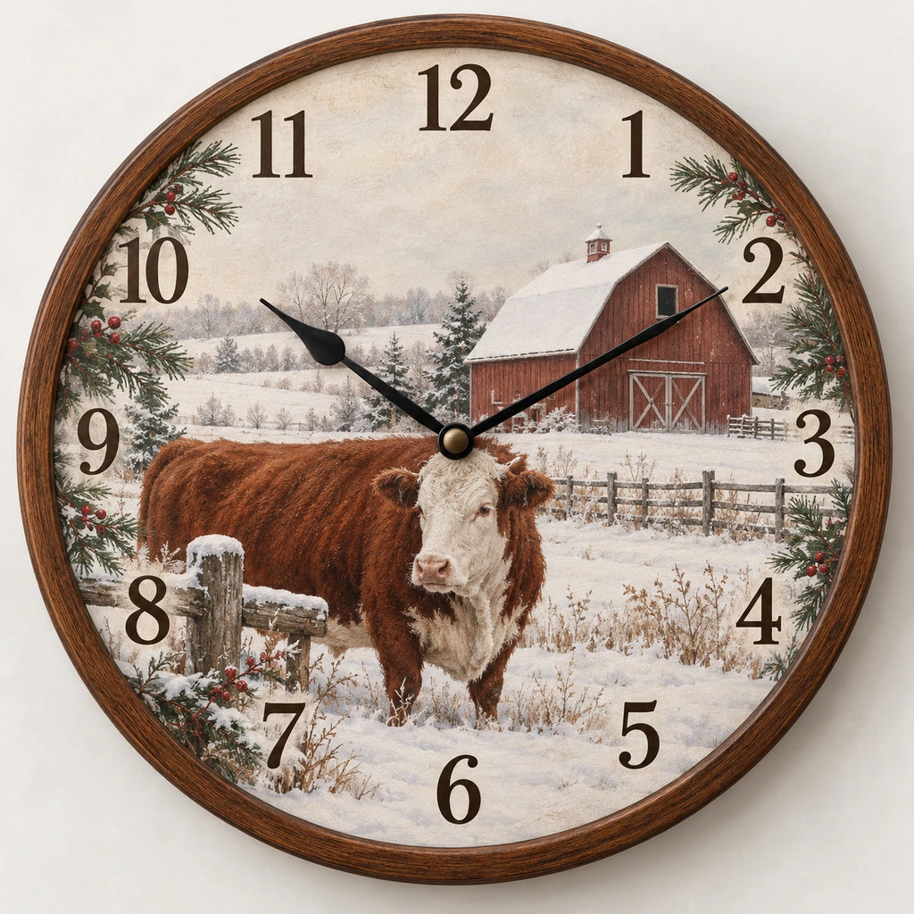 Hereford Cow Snowy Barn Wooden Wall Clock with printed dimensional artwork