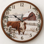 Hereford Cow Snowy Barn Wooden Wall Clock with printed dimensional artwork