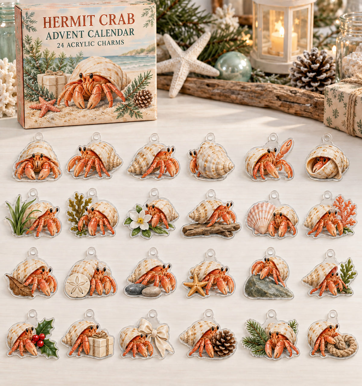Hermit Crab advent calendar with 24 custom-shaped flat acrylic charms and printed dimensional artwork
