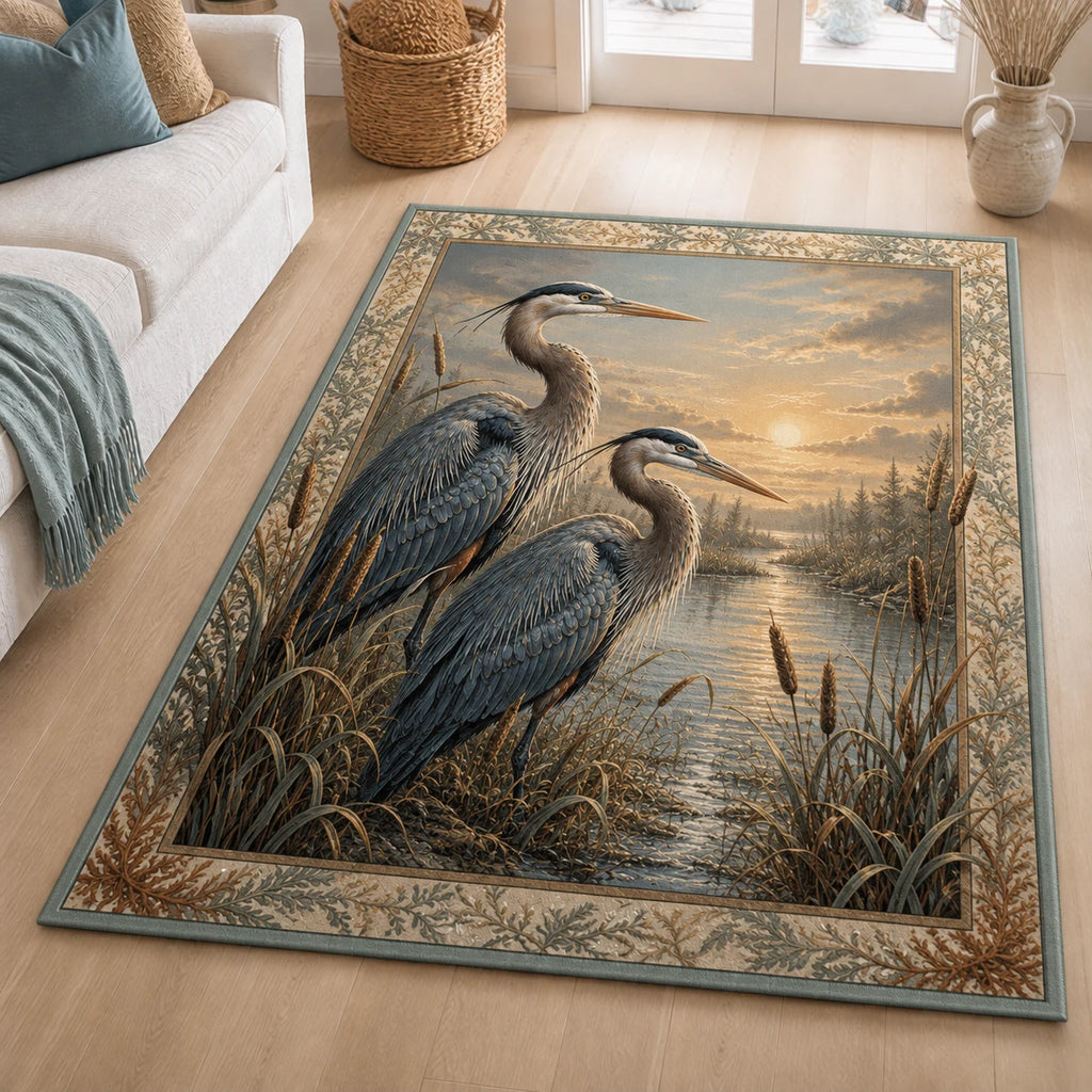 Heron Marsh Sunrise area rug with a dimensional printed design in a coastal heron setting
