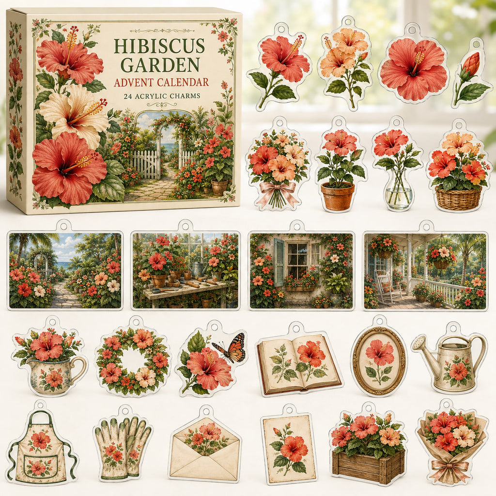 Hibiscus advent calendar box with 24 printed acrylic botanical charms