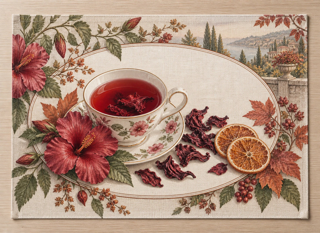 Hibiscus Tea Autumn Placemat with flat printed dimensional tea artwork