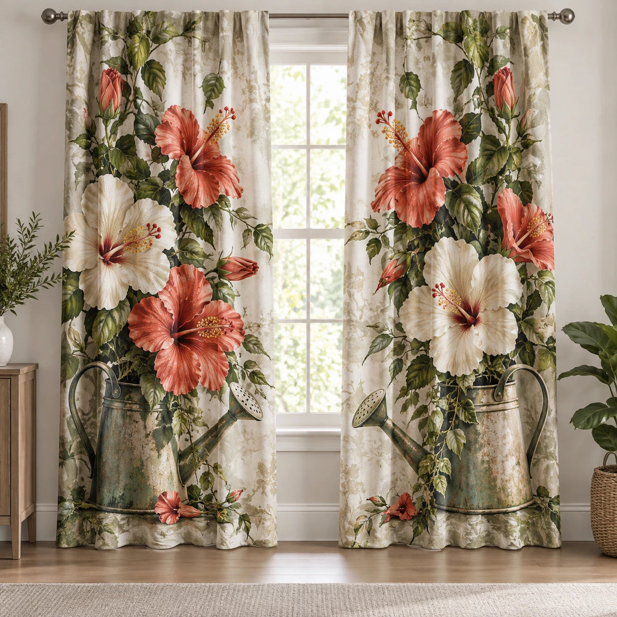 Hibiscus Vintage Watering Can Window Curtains with printed dimensional artwork