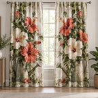 Hibiscus Vintage Watering Can Window Curtains with printed dimensional artwork