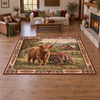 Area Rug with printed Highland cow and apple cart, wheat border and farmhouse setting