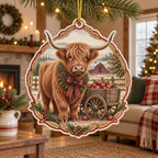 Christmas Ornament with printed Highland cow and apple cart, wheat border and holiday farmhouse setting
