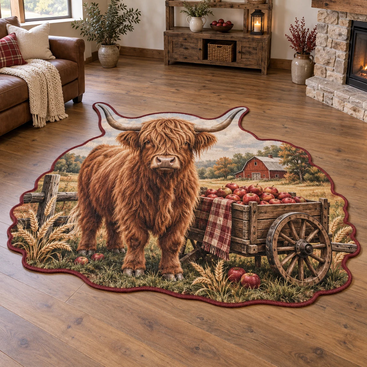 Custom Shape Area Rug with printed Highland cow, apple cart and wheat framing in a farmhouse room