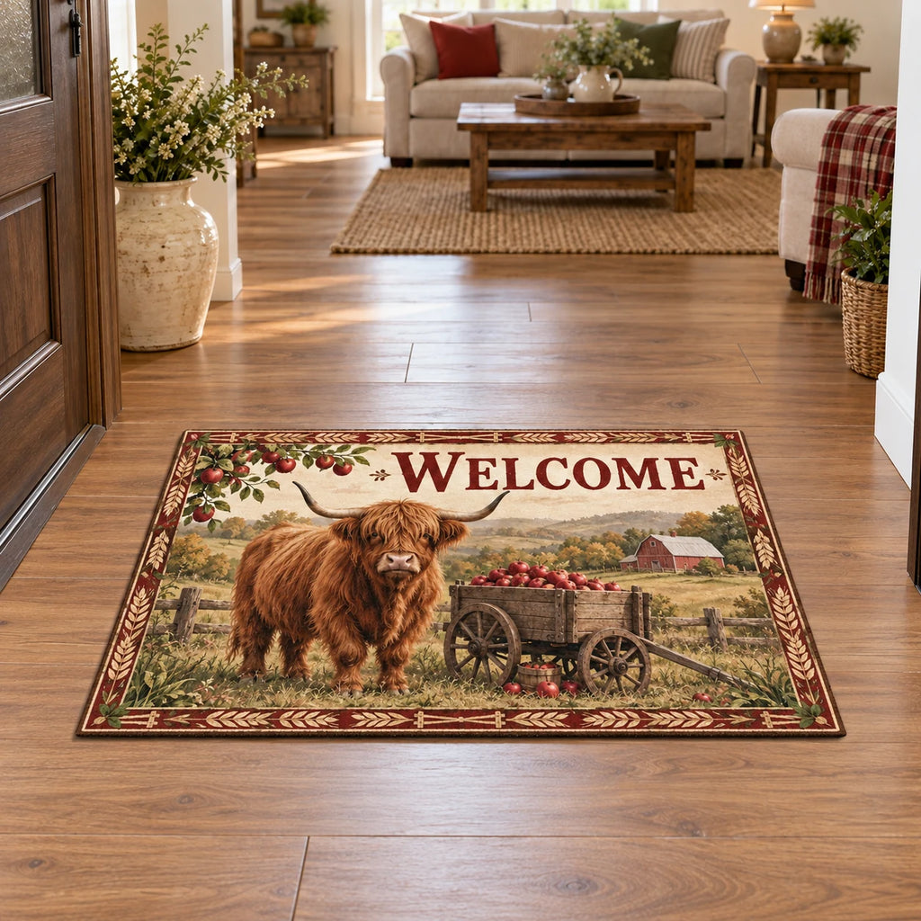 Doormat with printed Highland cow and apple cart, wheat border and farmhouse setting