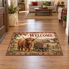 Doormat with printed Highland cow and apple cart, wheat border and farmhouse setting