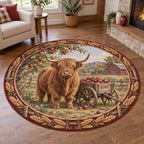 Round Mat Rug with printed Highland cow and apple cart, wheat border and farmhouse setting