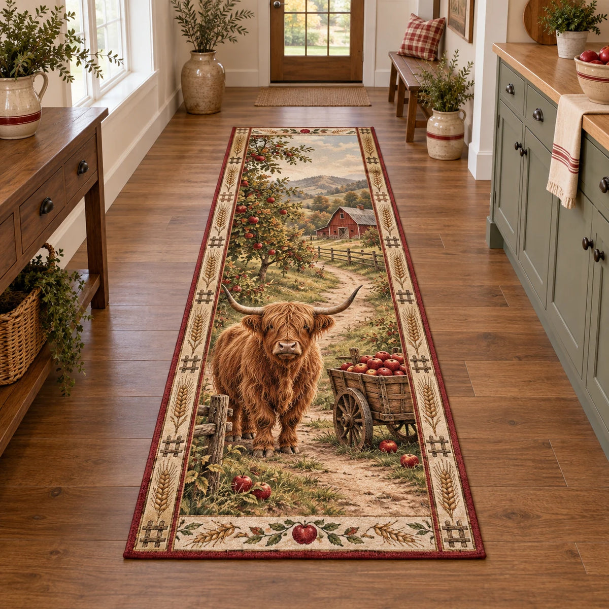 Runner Rug with printed Highland cow and apple cart, wheat border and farmhouse setting