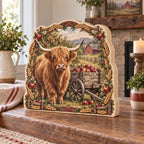 Wooden Block 3 Layer with printed Highland cow, apple cart and wheat framing in a farmhouse room