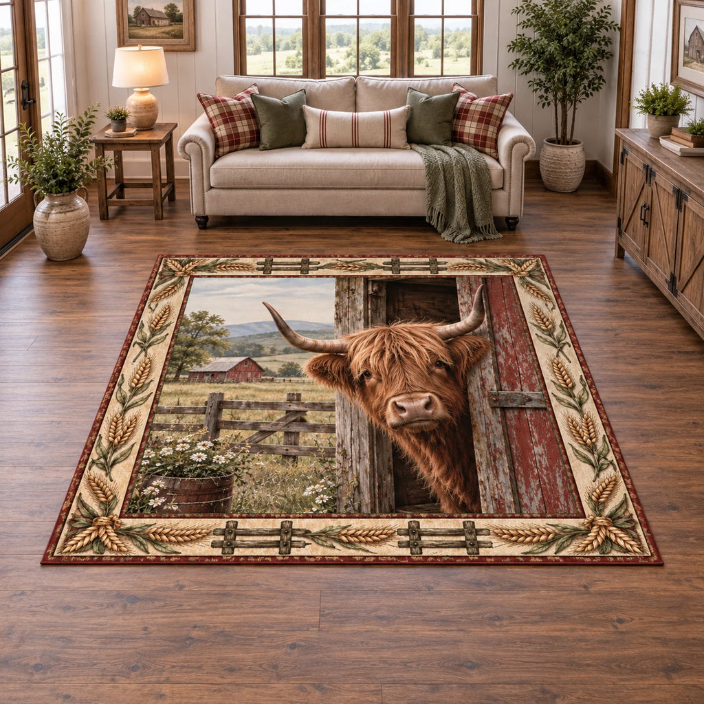 Highland Cow Barn Door Area Rug with dimensional printed artwork in a coordinated farmhouse setting