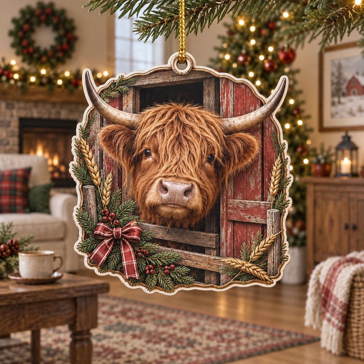 Highland Cow Barn Door Christmas Ornament with dimensional printed artwork and a coordinated interior