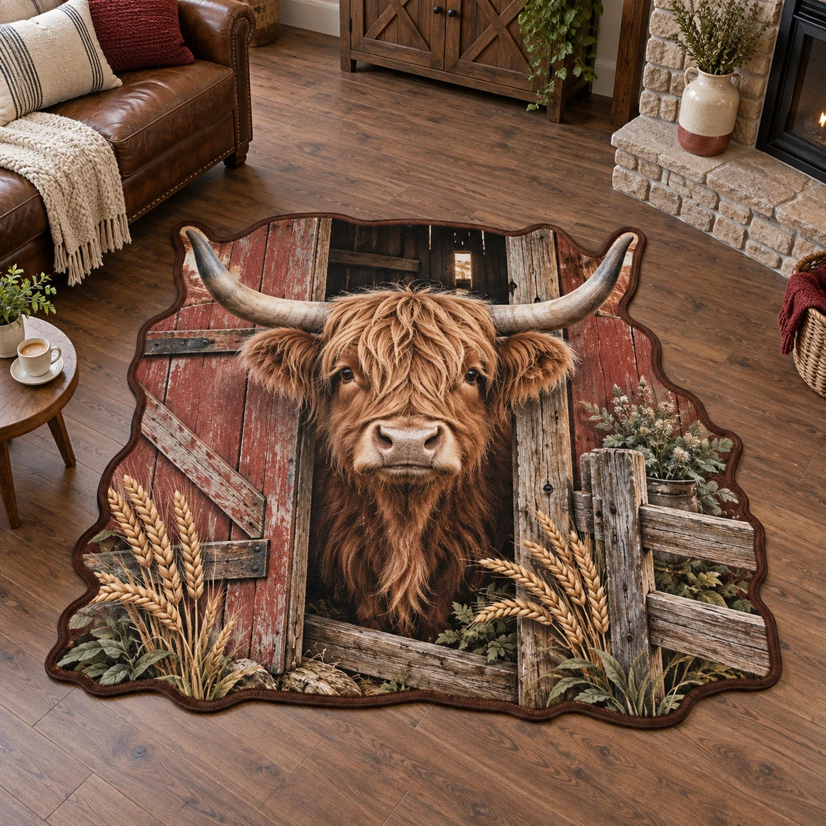 Highland Cow Barn Door Custom Shape Rug with dimensional printed artwork and a coordinated interior