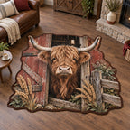 Highland Cow Barn Door Custom Shape Rug with dimensional printed artwork and a coordinated interior