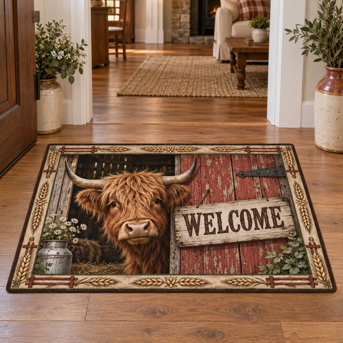 Highland Cow Barn Door Welcome Doormat with dimensional printed artwork and a coordinated interior