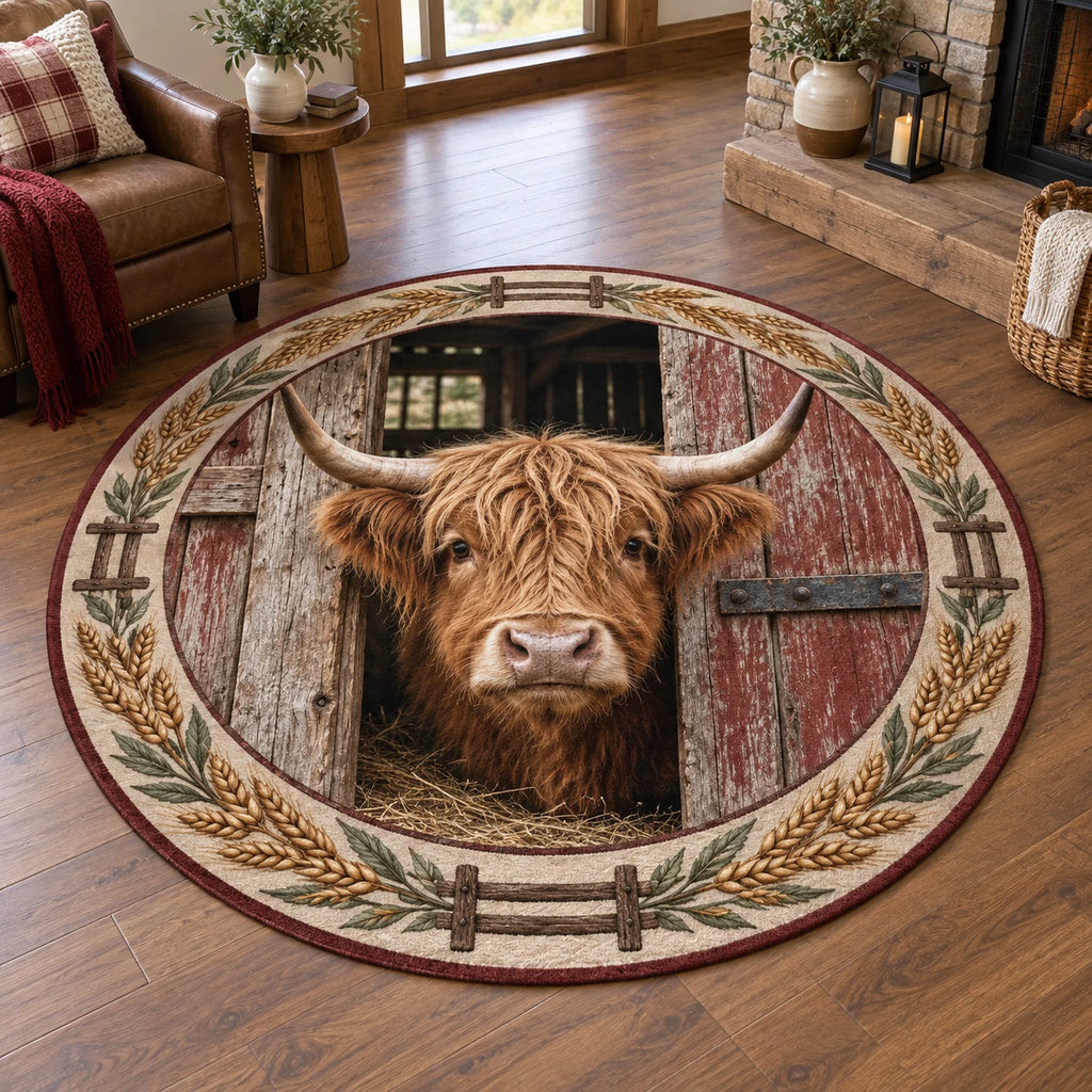 Highland Cow Barn Door Round Rug with dimensional printed artwork in a coordinated farmhouse setting