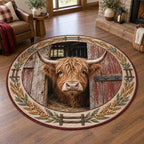 Highland Cow Barn Door Round Rug with dimensional printed artwork in a coordinated farmhouse setting