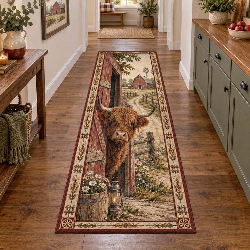 Highland Cow Barn Door Runner Rug with dimensional printed artwork and a coordinated interior