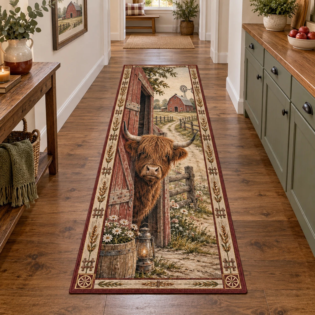 Highland Cow Barn Door Runner Rug with dimensional printed artwork and a coordinated interior