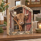 Highland Cow Barn 3-Layer Wooden Block with dimensional printed artwork and a coordinated interior