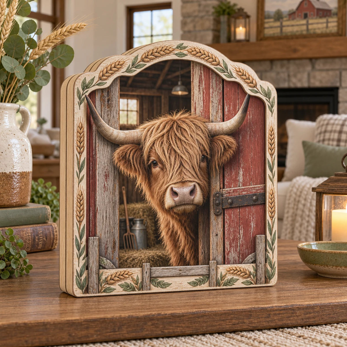 Highland Cow Barn 3-Layer Wooden Block with dimensional printed artwork and a coordinated interior