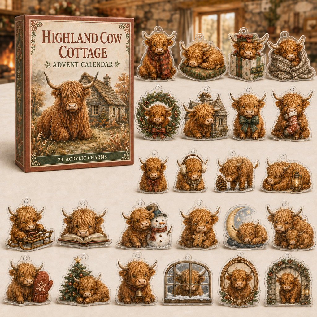 Highland Cow Cottage advent calendar gift box with 24 illustrated acrylic charms arranged on a light tabletop