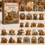 Highland Cow Cottage advent calendar gift box with 24 illustrated acrylic charms arranged on a light tabletop