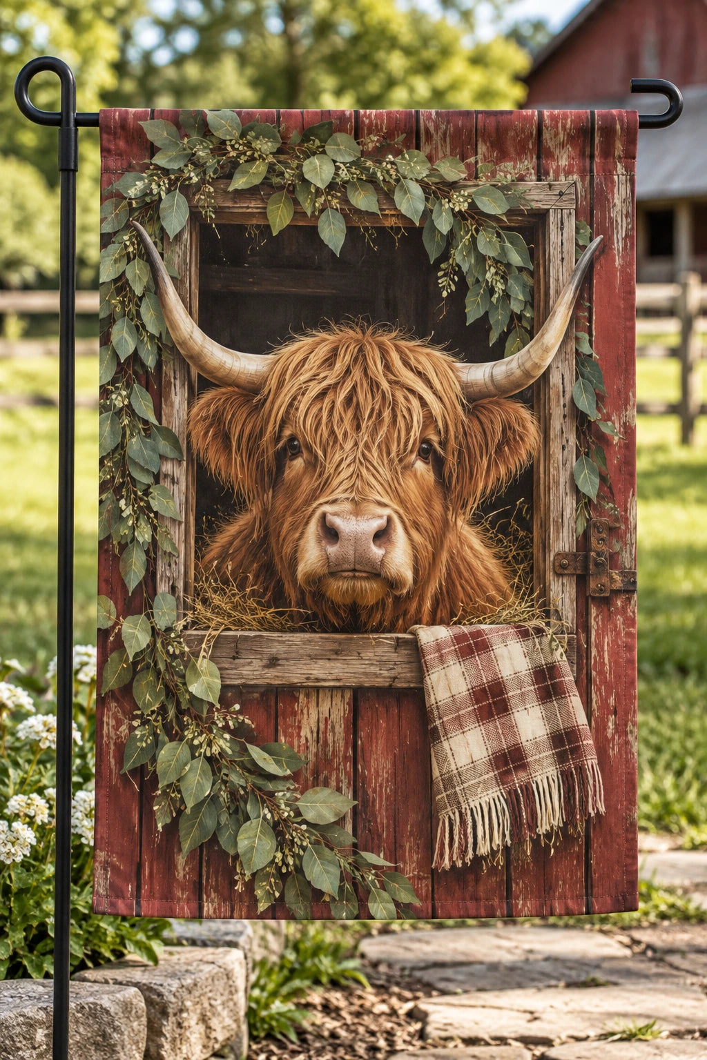 Highland Cow Hayloft Window Garden Flag with printed dimensional artwork