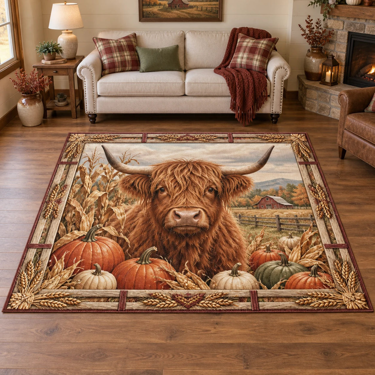 Highland Cow Pumpkin Harvest Area Rug with a Highland cow portrait, harvest pumpkins and wheat accents