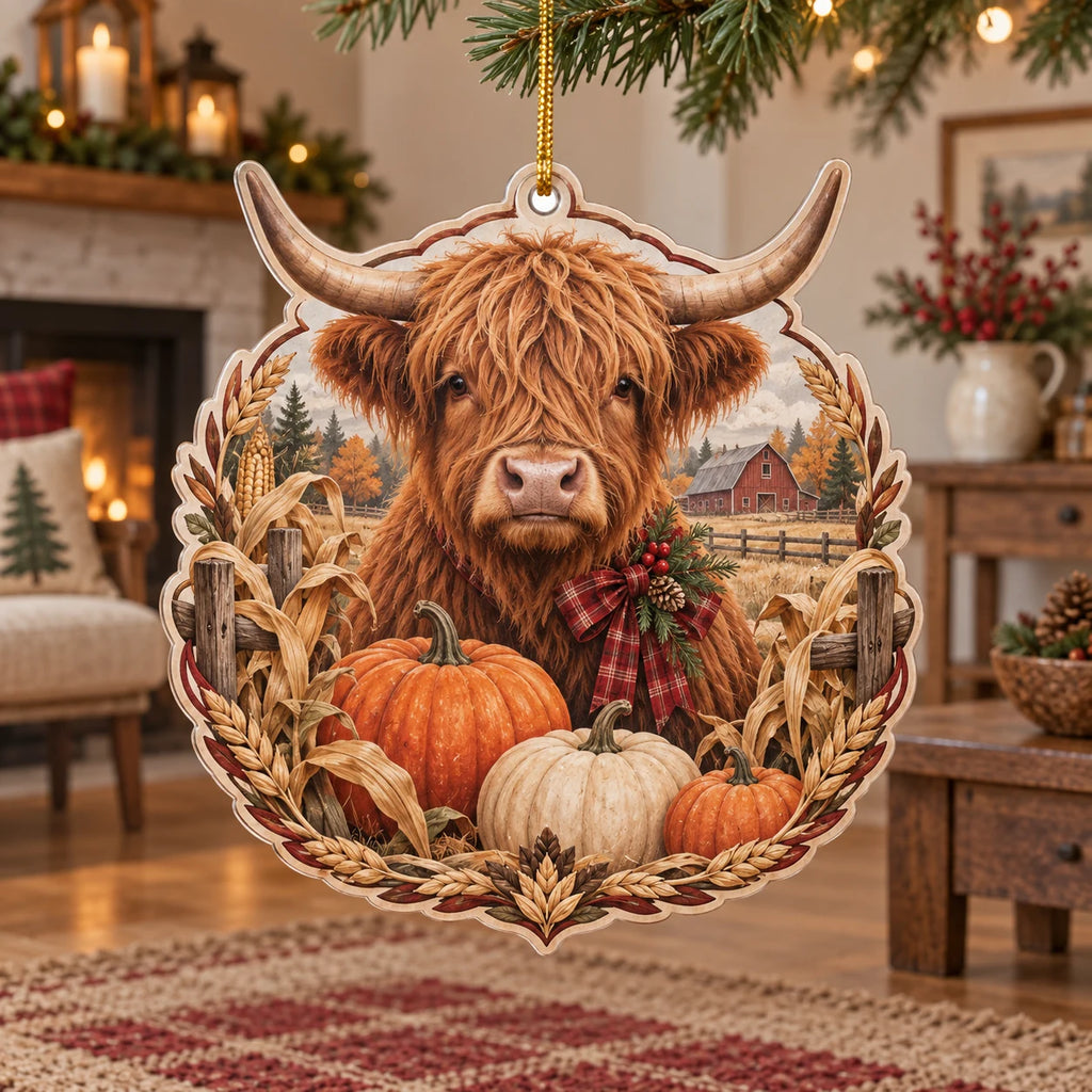 Highland Cow Pumpkin Harvest Christmas Ornament with a Highland cow portrait, harvest pumpkins and wheat accents