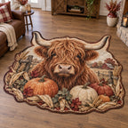 Highland Cow Pumpkin Harvest Custom Shape Area Rug with a Highland cow portrait, harvest pumpkins and wheat accents
