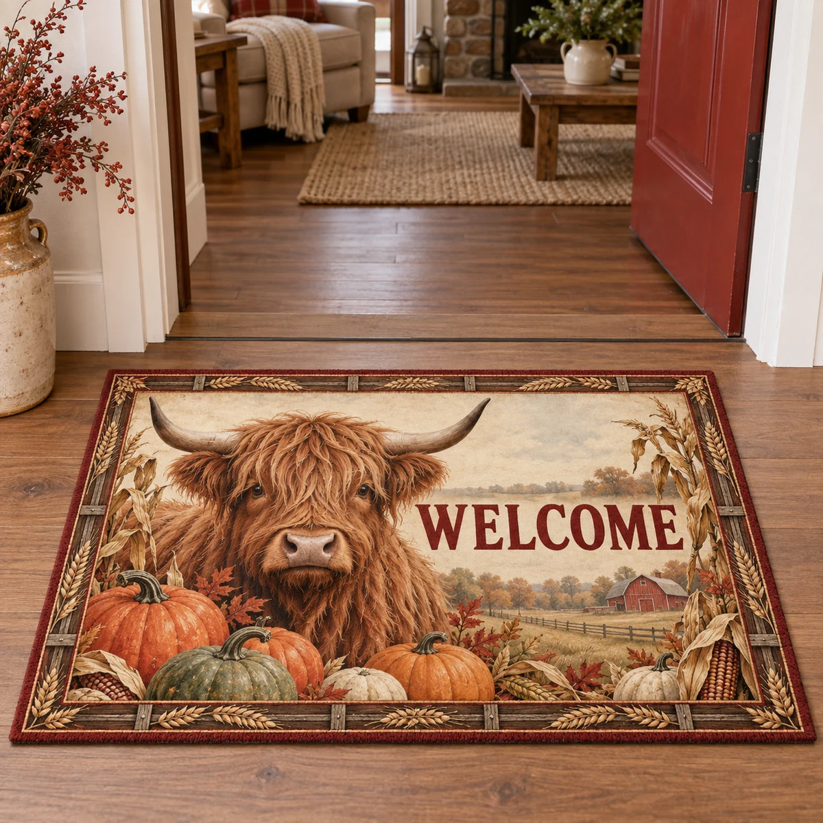 Highland Cow Pumpkin Harvest Doormat with a Highland cow portrait, harvest pumpkins and wheat accents