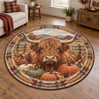 Highland Cow Pumpkin Harvest Round Mat Rug with a Highland cow portrait, harvest pumpkins and wheat accents