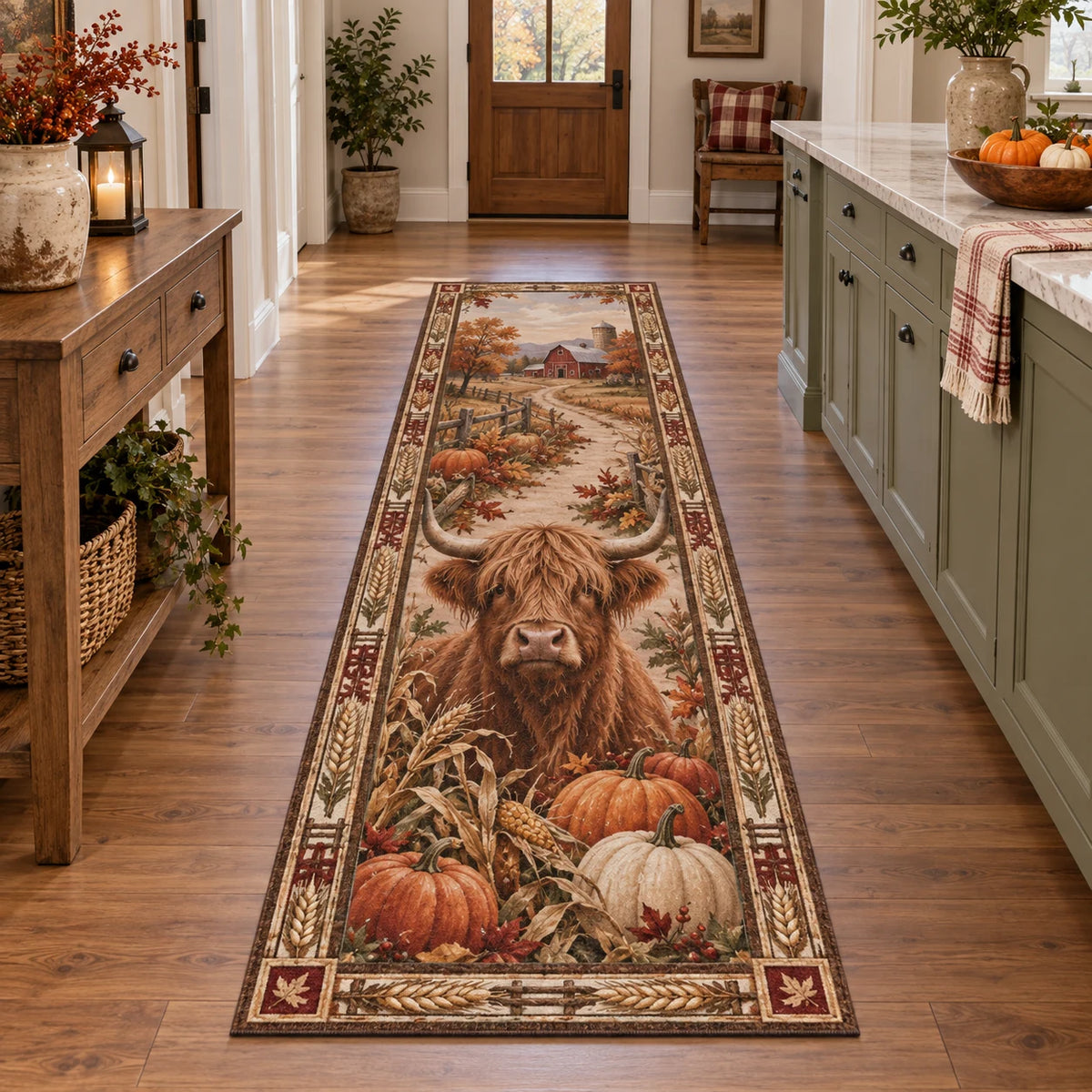 Highland Cow Pumpkin Harvest Runner Rug with a Highland cow portrait, harvest pumpkins and wheat accents