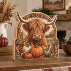 Highland Cow Pumpkin Harvest Wooden Block 3 Layer featuring a Highland cow, pumpkins and wheat frame