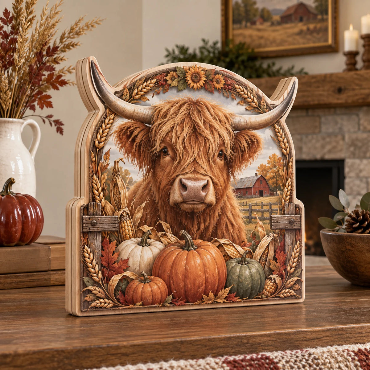 Highland Cow Pumpkin Harvest Wooden Block 3 Layer featuring a Highland cow, pumpkins and wheat frame