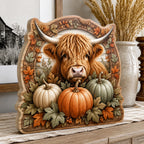 Highland Cow Pumpkin Harvest wooden block 3 layer with a dimensional printed design in a cow autumn setting