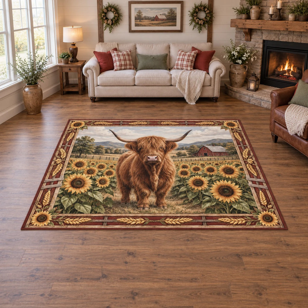 Highland Cow Sunflower Field Area Rug showing a Highland cow among golden sunflowers with a distant farmhouse scene