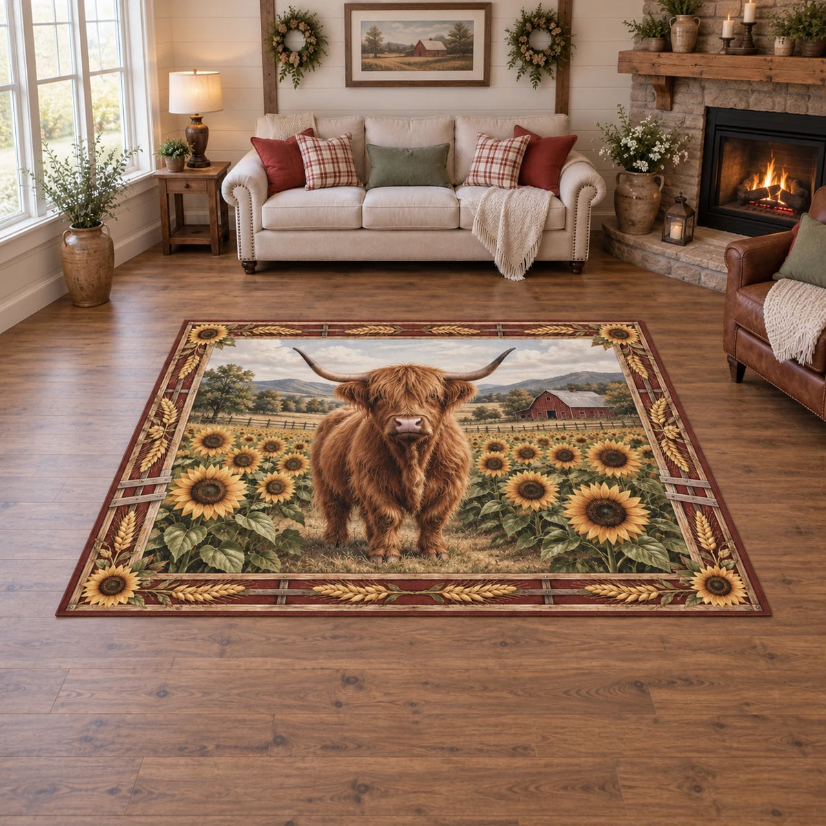 Highland Cow Sunflower Field Area Rug showing a Highland cow among golden sunflowers with a distant farmhouse scene