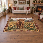 Highland Cow Sunflower Field Area Rug showing a Highland cow among golden sunflowers with a distant farmhouse scene